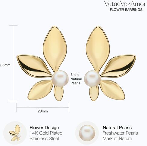 Real Freshwater Pearl Flower Earrings, 14K Gold PVD Stainless Steel Studs, High-Luster Genuine Pearls Jewelry, Waterproof & Non-Tarnish Base, Elegant Statement Gift for Women in Saudi Arabia