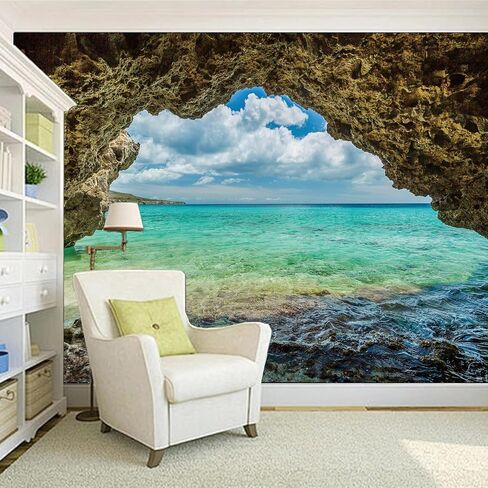 Apdidl Nature Ocean Cave Wall Tapestry for Bedroom, Blue Sea Wave Sky Landscape Ceiling Wall Mural Hanging, Stream Through Rainforest Tapestries for Living Room Dorm Art Decor 51" X 60" in Kuwait