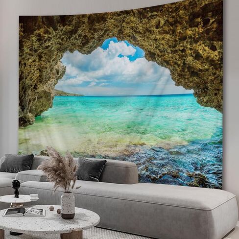 Apdidl Nature Ocean Cave Wall Tapestry for Bedroom, Blue Sea Wave Sky Landscape Ceiling Wall Mural Hanging, Stream Through Rainforest Tapestries for Living Room Dorm Art Decor 51" X 60" in Kuwait