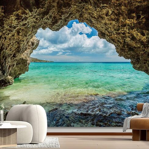 Apdidl Nature Ocean Cave Wall Tapestry for Bedroom, Blue Sea Wave Sky Landscape Ceiling Wall Mural Hanging, Stream Through Rainforest Tapestries for Living Room Dorm Art Decor 51" X 60" in Kuwait