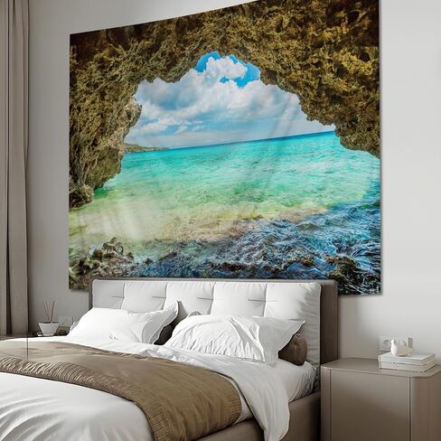 Apdidl Nature Ocean Cave Wall Tapestry for Bedroom, Blue Sea Wave Sky Landscape Ceiling Wall Mural Hanging, Stream Through Rainforest Tapestries for Living Room Dorm Art Decor 51" X 60" in Kuwait