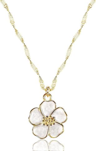 Gold Necklace for Women, Dainty White Enamel Sakura Flower Cherry Blossom Pendant, 18K Gold Plated Sparkly Jewelry Gifts for Her in Saudi Arabia