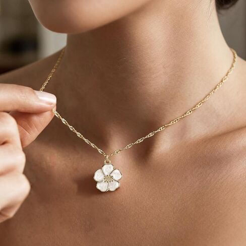 Gold Necklace for Women, Dainty White Enamel Sakura Flower Cherry Blossom Pendant, 18K Gold Plated Sparkly Jewelry Gifts for Her in Saudi Arabia