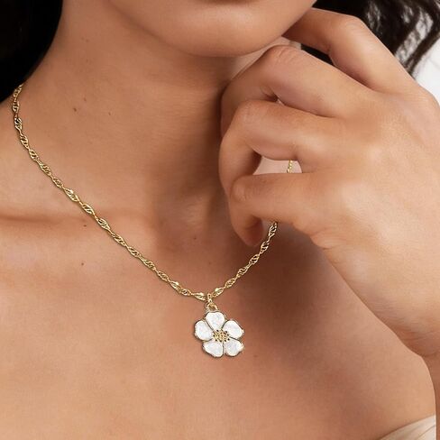 Gold Necklace for Women, Dainty White Enamel Sakura Flower Cherry Blossom Pendant, 18K Gold Plated Sparkly Jewelry Gifts for Her in Saudi Arabia