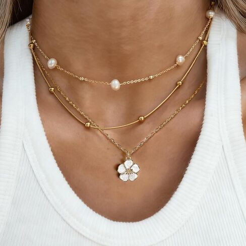 Gold Necklace for Women, Dainty White Enamel Sakura Flower Cherry Blossom Pendant, 18K Gold Plated Sparkly Jewelry Gifts for Her in Saudi Arabia