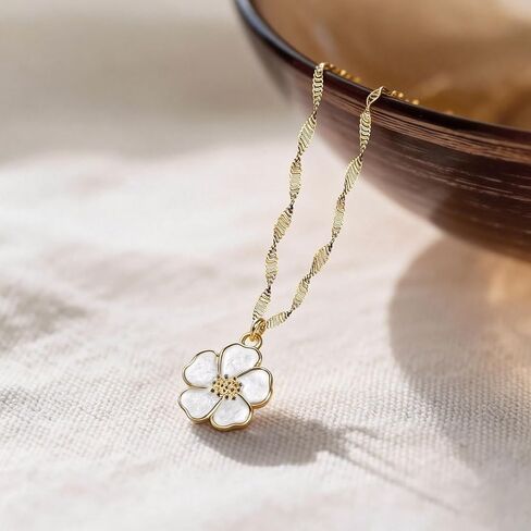 Gold Necklace for Women, Dainty White Enamel Sakura Flower Cherry Blossom Pendant, 18K Gold Plated Sparkly Jewelry Gifts for Her in Saudi Arabia
