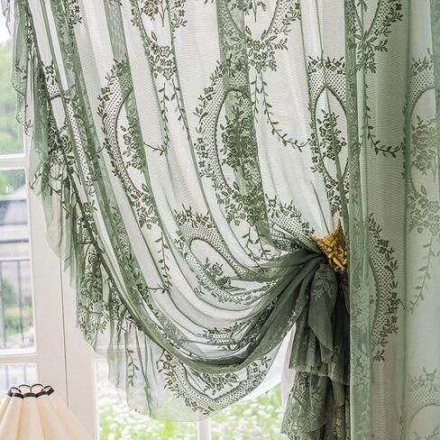 ZZC Lace Sheer Curtains with Scallop Ruffle Edge for Living Room Farmhouse 84 Inch Long Rustic Vintage Floral Embroidered Voile Panels Rod Pocket Window Treatment Set 2 Panels, Green, W52 x L84 Inch in Saudi Arabia