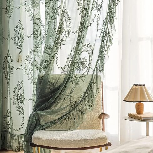ZZC Lace Sheer Curtains with Scallop Ruffle Edge for Living Room Farmhouse 84 Inch Long Rustic Vintage Floral Embroidered Voile Panels Rod Pocket Window Treatment Set 2 Panels, Green, W52 x L84 Inch in Saudi Arabia