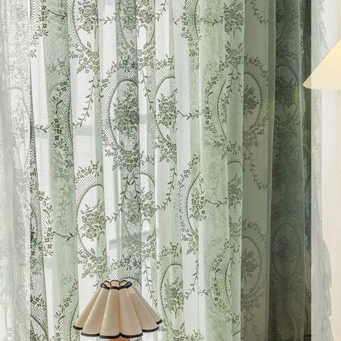 ZZC Lace Sheer Curtains with Scallop Ruffle Edge for Living Room Farmhouse 84 Inch Long Rustic Vintage Floral Embroidered Voile Panels Rod Pocket Window Treatment Set 2 Panels, Green, W52 x L84 Inch in Saudi Arabia