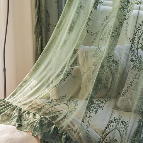 ZZC Lace Sheer Curtains with Scallop Ruffle Edge for Living Room Farmhouse 84 Inch Long Rustic Vintage Floral Embroidered Voile Panels Rod Pocket Window Treatment Set 2 Panels, Green, W52 x L84 Inch in Saudi Arabia