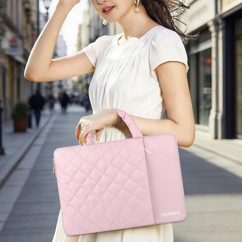 Laptop Case 13.3 inch,13-13.3 inch Portable Puffy Laptop Sleeve Bag Compatible with MacBook Air 13 13.6/Pro 13/Pro 14,Square Quilted Bag with Vertical&Back Horizontal Pockets&Handle&Belt, Pink in Saudi Arabia