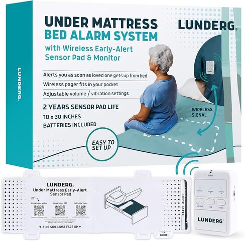 Lunderg Under Mattress Bed Alarm for Elderly Adults & Chair Alarm Set - Wireless Early-Alert Bed Pad, Chair Pad & Pager - Bed Alarms and Fall Prevention for Elderly and Dementia Patients in Kuwait