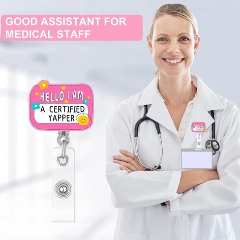 بكرة شارة ممرضة مضحكة - حامل شارة هوية وردي لطيف قابل للسحب مع مشبك، مرحبًا أنا يابر معتمد، بكرة شارة التمريض للعمل والمعلمين والأخصائيين الاجتماعيين والهدايا in Kuwait