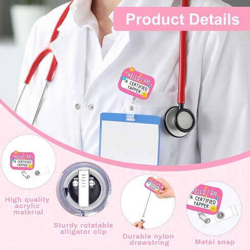 بكرة شارة ممرضة مضحكة - حامل شارة هوية وردي لطيف قابل للسحب مع مشبك، مرحبًا أنا يابر معتمد، بكرة شارة التمريض للعمل والمعلمين والأخصائيين الاجتماعيين والهدايا in Kuwait