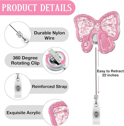 Cute Nursing Badge Reel Retractable, Pink Bow Stethoscope Badge Holder with Alligator Clip, Work Buddy for Nurse Doctor MA CNA RN LPN Healthcare Medical Worker in Saudi Arabia