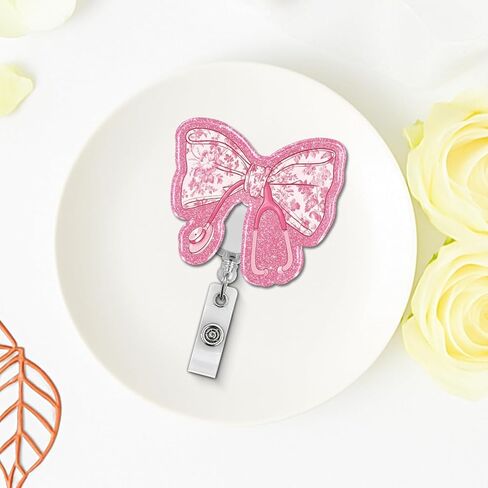 Cute Nursing Badge Reel Retractable, Pink Bow Stethoscope Badge Holder with Alligator Clip, Work Buddy for Nurse Doctor MA CNA RN LPN Healthcare Medical Worker in Saudi Arabia