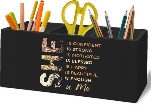 Inspirational Black Pen Pencil Holder Organizer for Desk Accessories, She Is Confident Motivational Wooden Box Desk Decor for Girly Room Bedroom Dorm Decoration, Positive Gifts for Women in Kuwait
