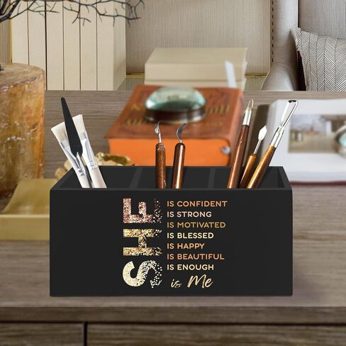 Inspirational Black Pen Pencil Holder Organizer for Desk Accessories, She Is Confident Motivational Wooden Box Desk Decor for Girly Room Bedroom Dorm Decoration, Positive Gifts for Women in Kuwait