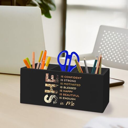 Inspirational Black Pen Pencil Holder Organizer for Desk Accessories, She Is Confident Motivational Wooden Box Desk Decor for Girly Room Bedroom Dorm Decoration, Positive Gifts for Women in Kuwait