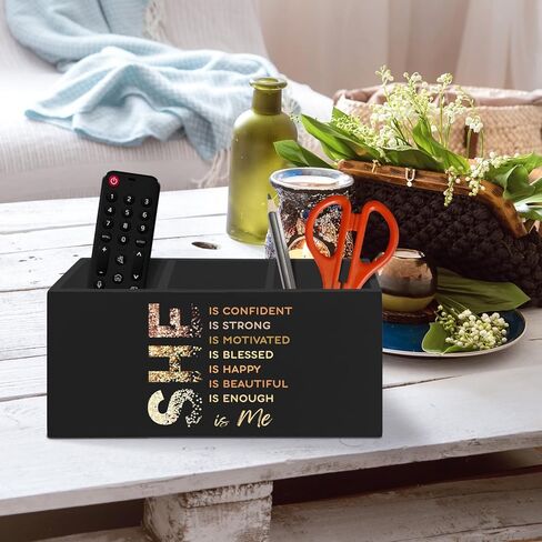 Inspirational Black Pen Pencil Holder Organizer for Desk Accessories, She Is Confident Motivational Wooden Box Desk Decor for Girly Room Bedroom Dorm Decoration, Positive Gifts for Women in Kuwait
