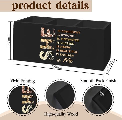 Inspirational Black Pen Pencil Holder Organizer for Desk Accessories, She Is Confident Motivational Wooden Box Desk Decor for Girly Room Bedroom Dorm Decoration, Positive Gifts for Women in Kuwait