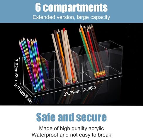 2 Pcs Acrylic Makeup Brush Holder and Pencil Organizer, 6 Compartments Clear Pen Holder for Desk, Office, Bathroom, Kitchen and Cosmetic Brushes Storage in Kuwait