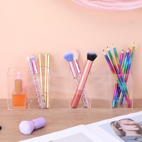 2 Pcs Acrylic Makeup Brush Holder and Pencil Organizer, 6 Compartments Clear Pen Holder for Desk, Office, Bathroom, Kitchen and Cosmetic Brushes Storage in Kuwait