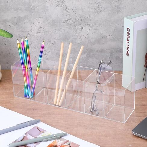 2 Pcs Acrylic Makeup Brush Holder and Pencil Organizer, 6 Compartments Clear Pen Holder for Desk, Office, Bathroom, Kitchen and Cosmetic Brushes Storage in Kuwait