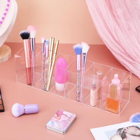 2 Pcs Acrylic Makeup Brush Holder and Pencil Organizer, 6 Compartments Clear Pen Holder for Desk, Office, Bathroom, Kitchen and Cosmetic Brushes Storage in Kuwait