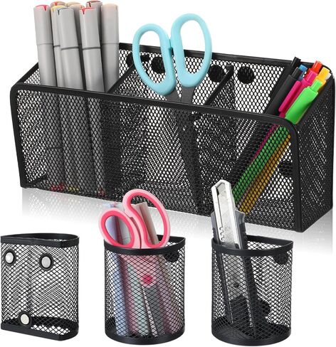 4 Pack Magnetic Pencil Holder for Whiteboard - Multi-Compartment Magnet Pen Holder Storage Basket Organizer for Locker, Refrigerator, Classroom & Office Supplies (Black) in Kuwait