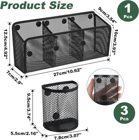 4 Pack Magnetic Pencil Holder for Whiteboard - Multi-Compartment Magnet Pen Holder Storage Basket Organizer for Locker, Refrigerator, Classroom & Office Supplies (Black) in Kuwait