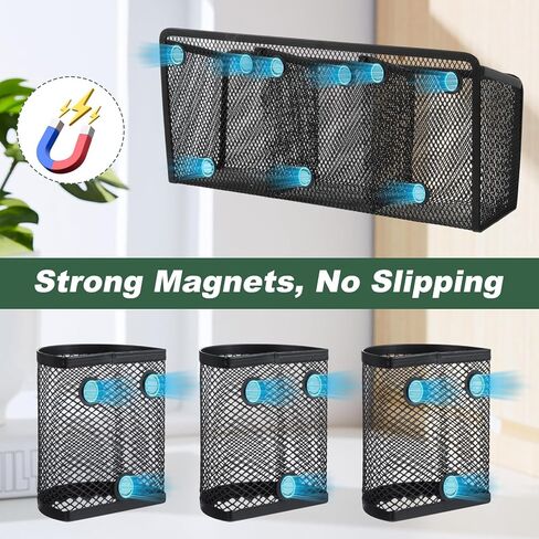 4 Pack Magnetic Pencil Holder for Whiteboard - Multi-Compartment Magnet Pen Holder Storage Basket Organizer for Locker, Refrigerator, Classroom & Office Supplies (Black) in Kuwait