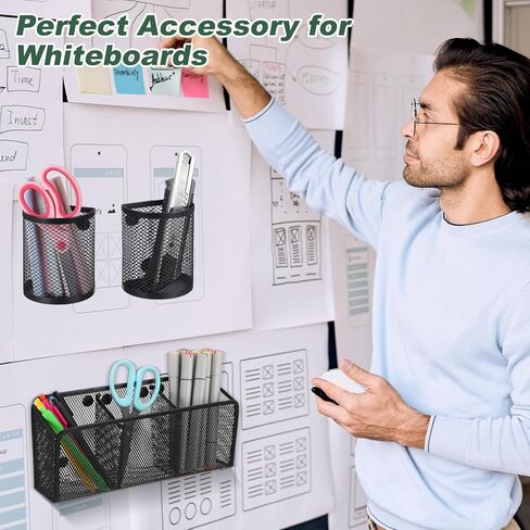 4 Pack Magnetic Pencil Holder for Whiteboard - Multi-Compartment Magnet Pen Holder Storage Basket Organizer for Locker, Refrigerator, Classroom & Office Supplies (Black) in Kuwait