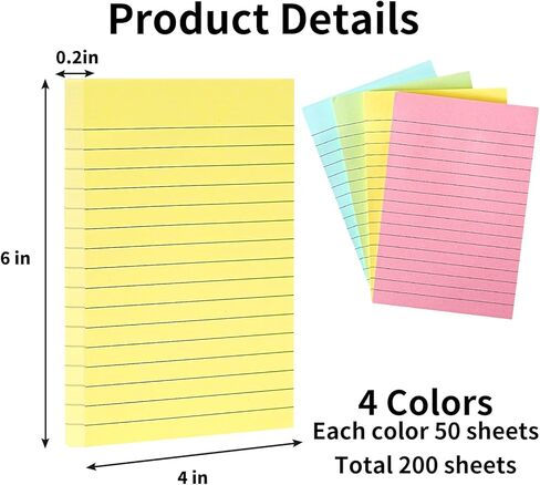 Andy Han Lined Sticky Notes 4x6in - 4 Colors Note Cards for Students, Teachers, 200 Count Self-Stick Lined Notecards for Home Office School (Each 50 Sheets in Saudi Arabia