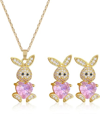 Easter Bunny Necklace Earrings Set for Women Pink Crystal Gold Bunny Earrings Trendy Rhinestone Rabbit Pendant Necklace Spring Holiday Jewelry Gifts Easter Outfits Accessories in Saudi Arabia