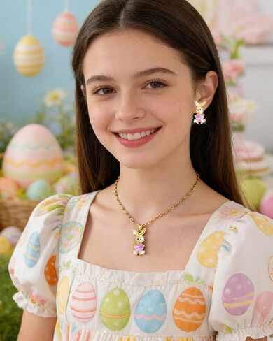 Easter Bunny Necklace Earrings Set for Women Pink Crystal Gold Bunny Earrings Trendy Rhinestone Rabbit Pendant Necklace Spring Holiday Jewelry Gifts Easter Outfits Accessories in Saudi Arabia