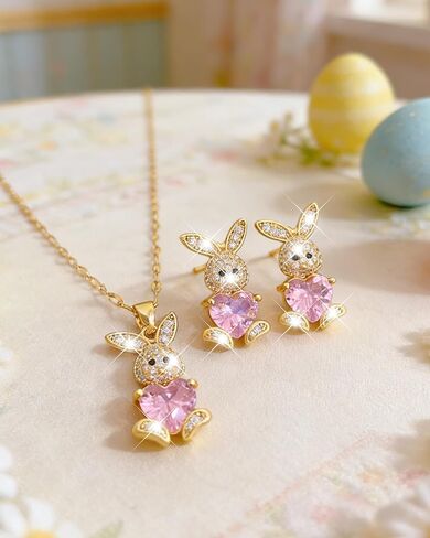 Easter Bunny Necklace Earrings Set for Women Pink Crystal Gold Bunny Earrings Trendy Rhinestone Rabbit Pendant Necklace Spring Holiday Jewelry Gifts Easter Outfits Accessories in Saudi Arabia