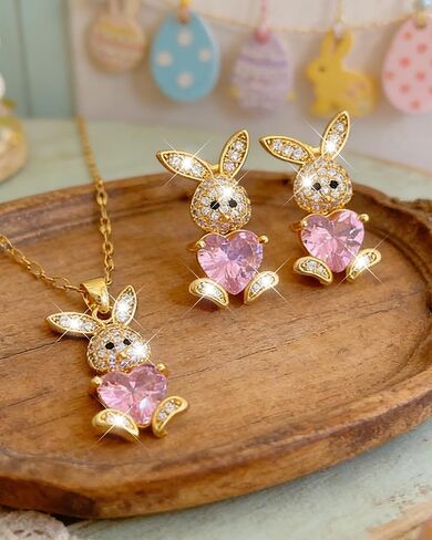 Easter Bunny Necklace Earrings Set for Women Pink Crystal Gold Bunny Earrings Trendy Rhinestone Rabbit Pendant Necklace Spring Holiday Jewelry Gifts Easter Outfits Accessories in Saudi Arabia