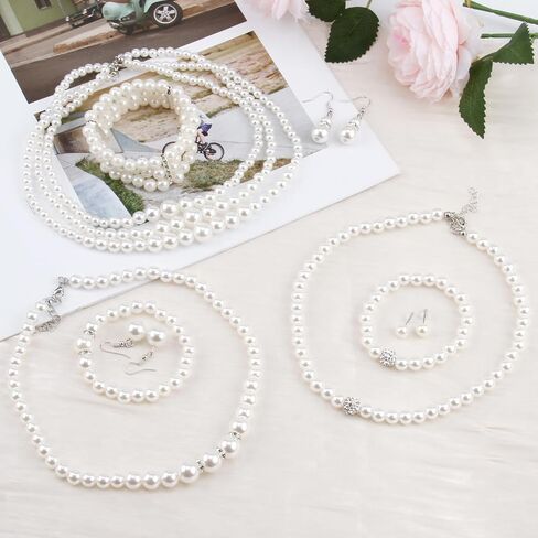 مجموعة مجوهرات اللؤلؤ 9 قطع للنساء، 3 أنماط من قلادة وأقراط وأساور، صندوق هدايا إكسسوارات من اللؤلؤ الصناعي، قلادة وقلادة أنيقة من اللؤلؤ ومجموعة أقراط للنساء in Kuwait