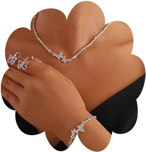 EARENT حجر الراين فراشة مجموعات المجوهرات قلادة فضية سوار أقراط مجموعة كريستال مجوهرات الزفاف للنساء (مجموعة من 3) in Kuwait