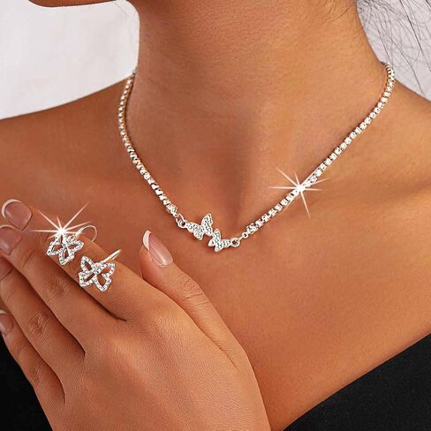 EARENT حجر الراين فراشة مجموعات المجوهرات قلادة فضية سوار أقراط مجموعة كريستال مجوهرات الزفاف للنساء (مجموعة من 3) in Kuwait