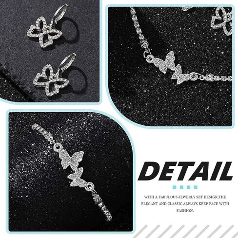 EARENT حجر الراين فراشة مجموعات المجوهرات قلادة فضية سوار أقراط مجموعة كريستال مجوهرات الزفاف للنساء (مجموعة من 3) in Kuwait