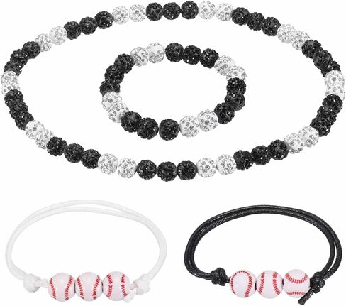 MECCANIXITY Baseball Necklace Set, Bling Rhinestone Beaded Baseball Chain Bracelet Necklace with 2 Adjustable Wax Cord Bracelet for Men Women Players in Saudi Arabia