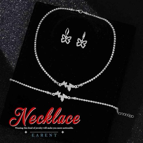 EARENT حجر الراين فراشة مجموعات المجوهرات قلادة فضية سوار أقراط مجموعة كريستال مجوهرات الزفاف للنساء (مجموعة من 3) in Kuwait