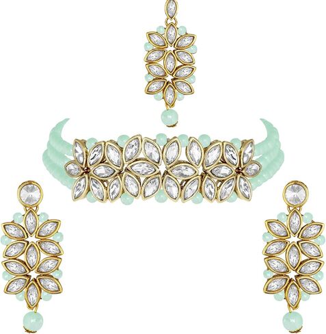 Aheli Pearl Faux Kundan Choker Necklace with Earring Maang Tikka Indian Traditional Bollywood Ethnic Bridal Jewelry Set Gift for Women Blue in Saudi Arabia