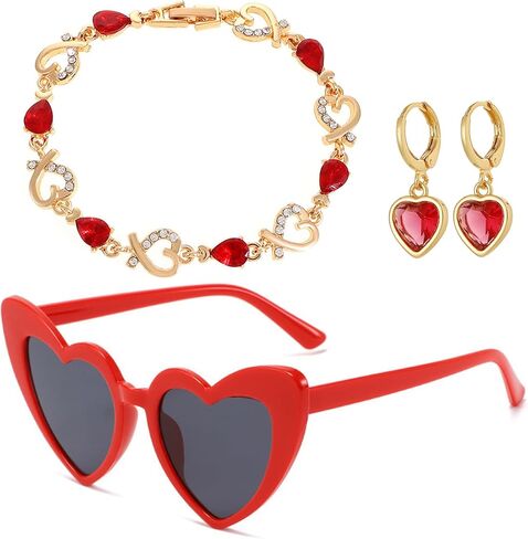 Valentines Accessories for Her - Red Silver Bracelet, Heart Earrings for Women, Red Sunglasses, Gifts for Women in Kuwait