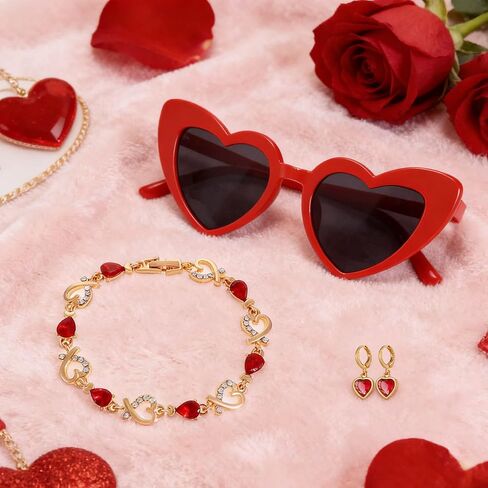 Valentines Accessories for Her - Red Silver Bracelet, Heart Earrings for Women, Red Sunglasses, Gifts for Women in Kuwait