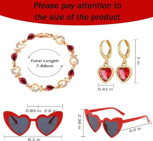 Valentines Accessories for Her - Red Silver Bracelet, Heart Earrings for Women, Red Sunglasses, Gifts for Women in Kuwait