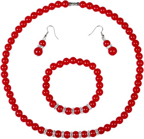 COLORFUL BLING Elegant Faux Pearl Imitation Crystal Necklace Earring and Bracelet Red Green Color Costume Jewelry Set for Women in Kuwait