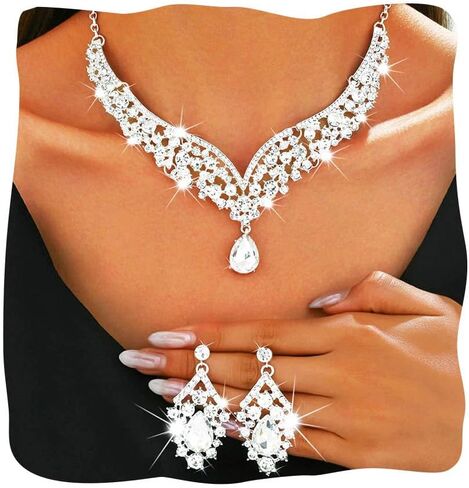 مجموعة مجوهرات الزفاف الكريستالية الفضية من حجر الراين وأقراط وقلادات الزفاف للنساء in Kuwait